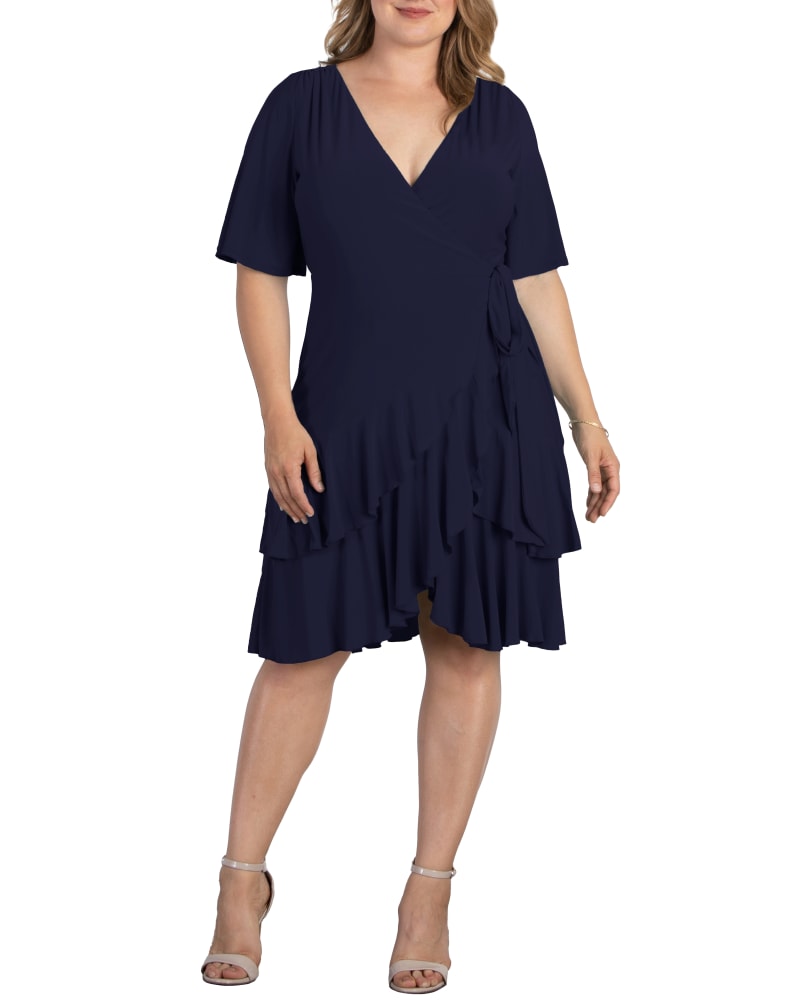 Front of a model wearing a size 5X Miranda Wrap Dress in NOUVEAU NAVY by Kiyonna. | dia_product_style_image_id:274981